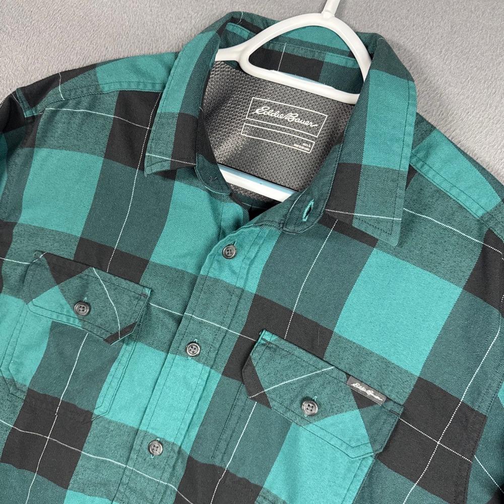 Eddie Bauer Shirt Mens Large Teal Black Buffalo Plaid Flannel Mesh Lined Outdoor